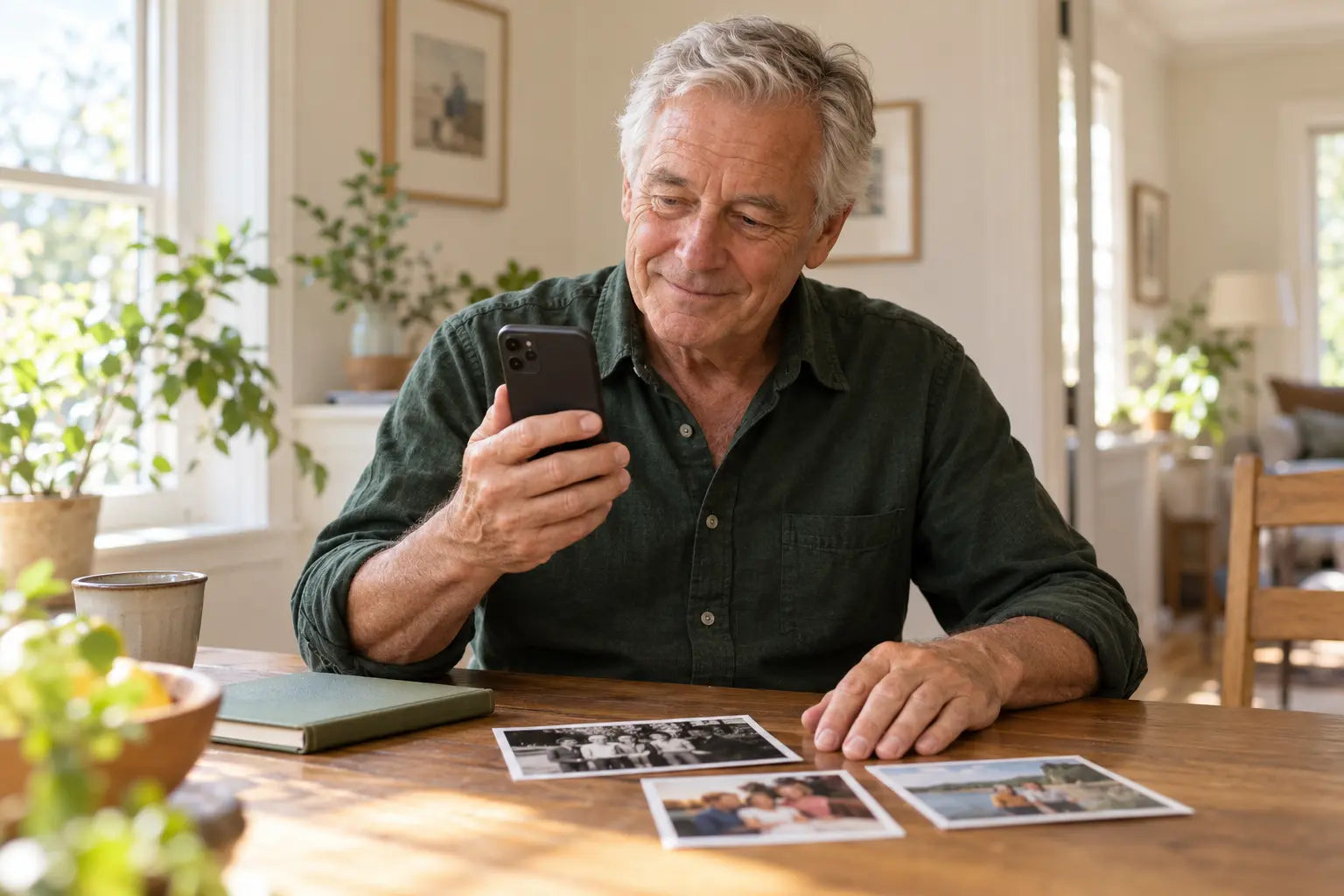 An older man sharing a memory into his phone at home