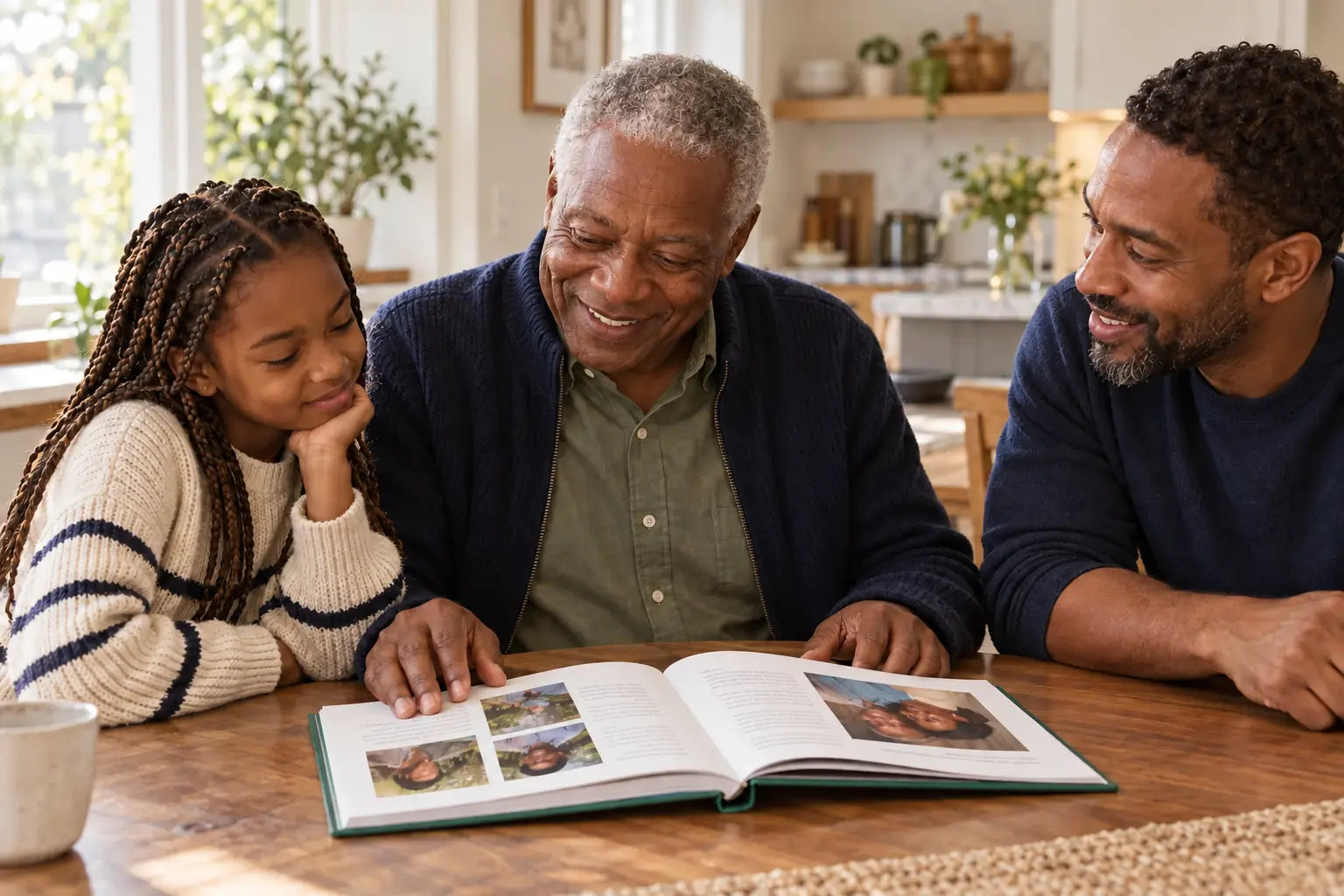 Three generations sharing a personal memoir at home