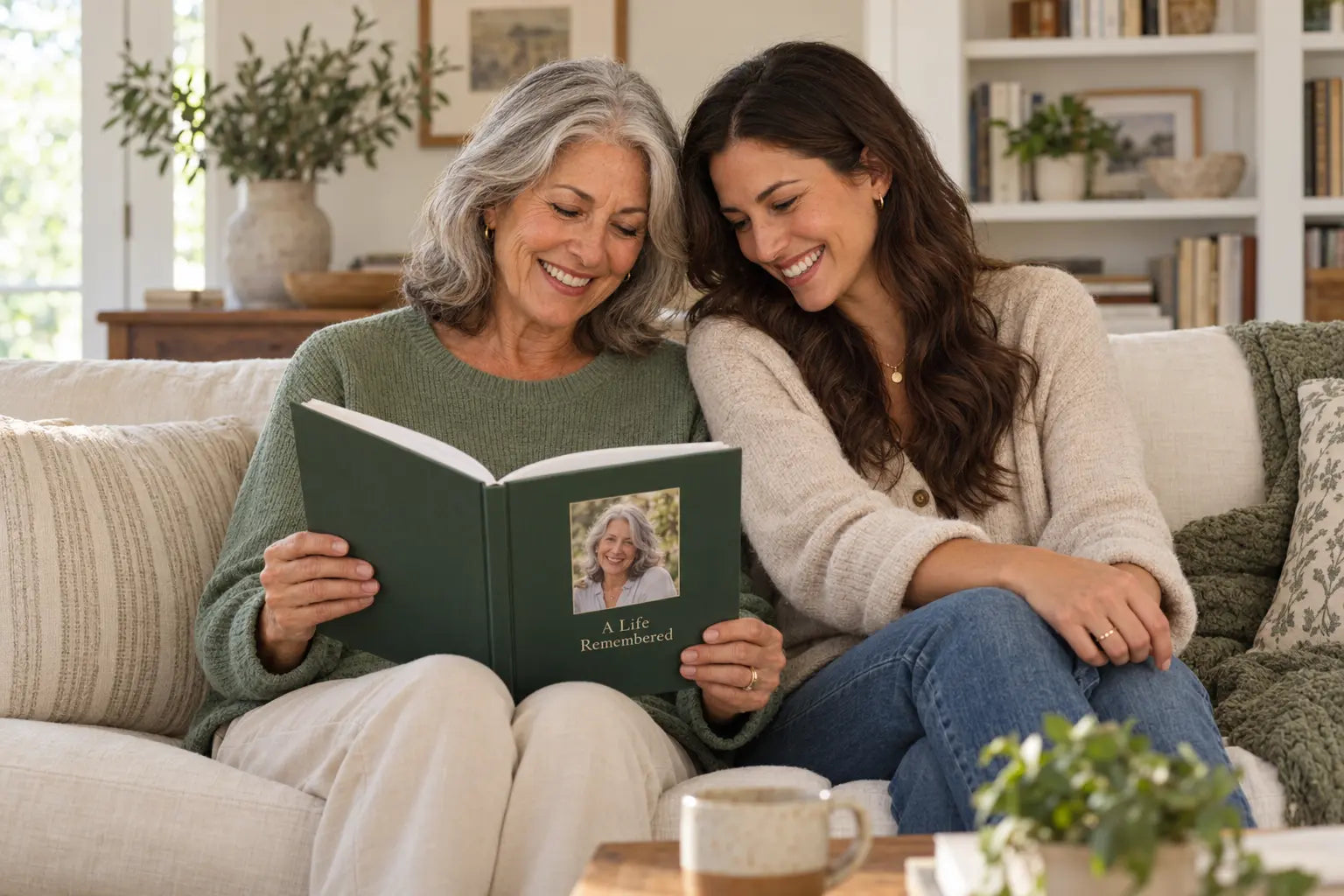 A mother and adult daughter sharing an illustrative personal hardcover memoir at home
