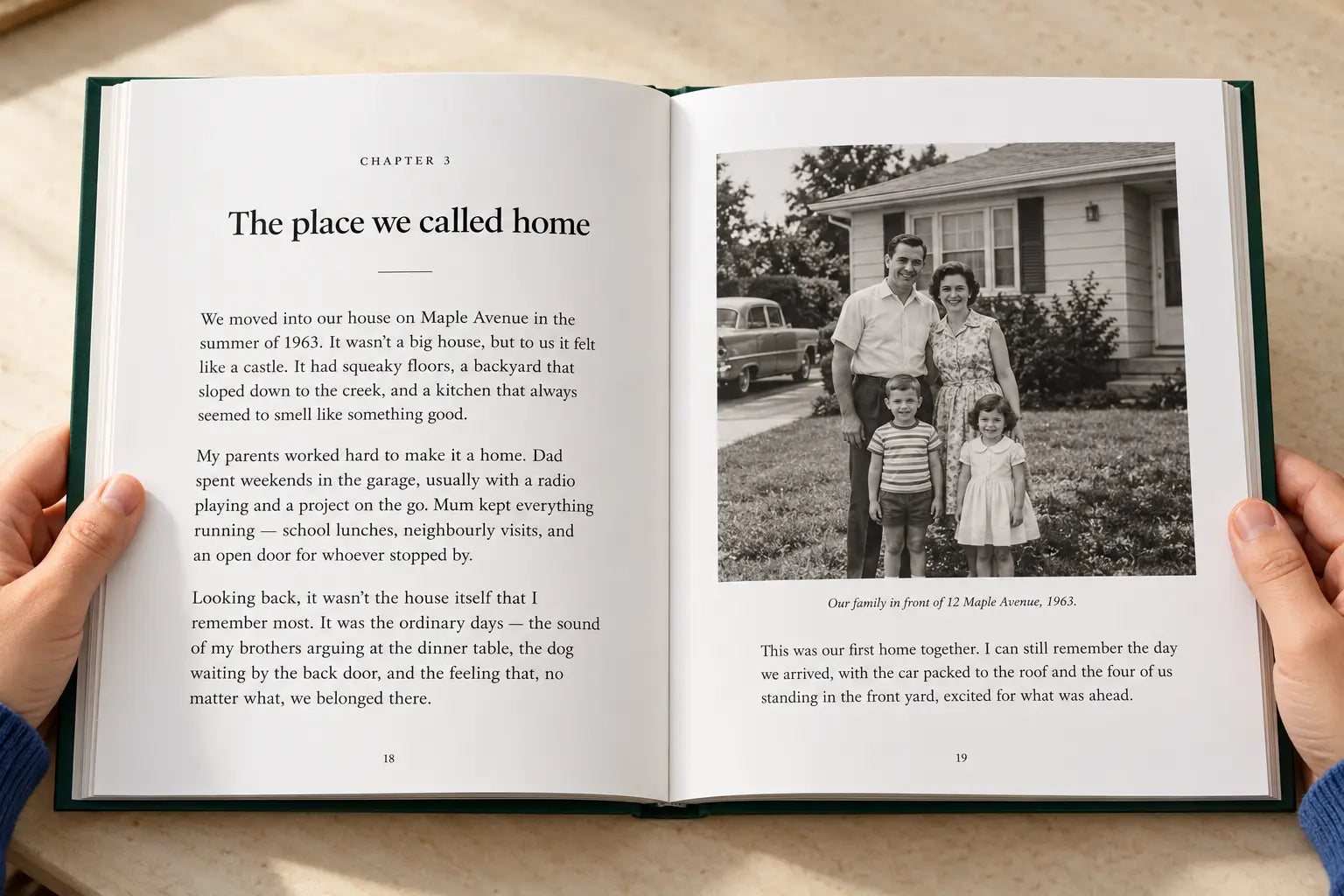 Illustrative open hardcover memoir with a chapter and family photograph